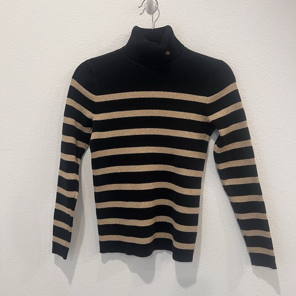 Vtg Lauren Ralph Lauren Black Gold Metallic Stripe Turtleneck Sweater Shirt Sz S